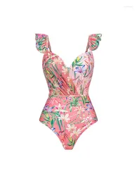 Women's Swimwear Floral Print One Piece Swimsuit And Mesh Splicing Sarong Female Beach Exit Elegant Style Bathing Suit 2024