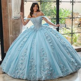 Sky Blue Beaded Ball Gown Quinceanera Dresses 2024 Lace Appliqued Tull Sweet 16 Corset Masquerade Dress Vestidos De 15 Anos