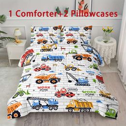 Duvet Cover 3Pcs Construction Set,Excavator Work Zone Bedding for Boys Teens Men,Construction Vehicles Bed Set Tractor Trucks with 1 Comforter 2 Pillowcases (Without