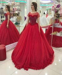 Discount Real Red Short Sleeves Quinceanera Dresses Ball Gowns Scoop Neck Applique 3D Flowers Sweet 16 Dresses6464004