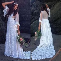 Med långa boho klänningar 2021 poet ärmar spets svep tåg juvel hals ren skräddarsydd land bröllop brudklänning vestido de novia