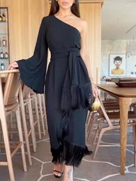 Casual Dresses 2024 In Women's Black Sexy One-Shoulder Party Lady Long Skirt Lace-Up Slit Ruffled Tassel Evening Dress For Women