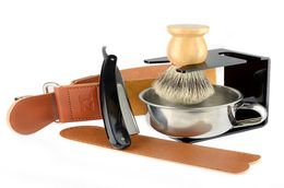 Straight Razor Gold Dollar Badger Shaving Brush Soap Bowl Barber Leather Sharpening Strop Strap Men Shave Beard Set6294196