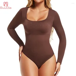 Women's Shapers GUUDIA Open Crotch Big U Neck Seamless Bodysuit Long Sleeve Spandex Elastic Body Suit Shapewear Tummy Control Waist