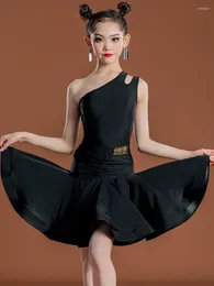 Stage Wear Lolita Children Latin Dance Training Performance Girls Costume One Shoulder Cha Samba Practice Clothing Dancewear DNW012