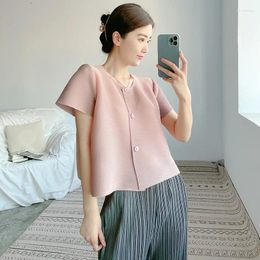 Women's T Shirts Miyake Folded Small Coat Short Summer Air Conditioning Shirt Cardigan Single Breasted Top Casual Commuter