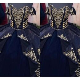 Quinceanera 2024 med klänningar Guld Navy Blue Embroidery från axelremmarna TRAPS Pärled Corset Back Custom Sweet 15 16 Princess Pageant Ball Gown Vestidos