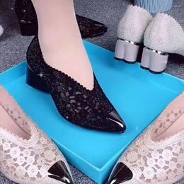 Dress Shoes Fashion Spring Rhinodrill Thick High Heel Pointed Black Bow European And American Mesh Hollow-out Women's