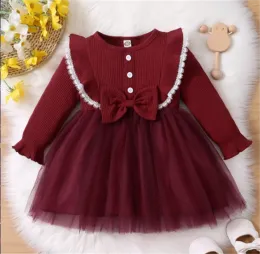 Dresses 324 Months Newborn Baby Girl Birthday Princess Dress Ruffle Long Sleeve Tutu Lace Red Dress Toddler Girl Fashion Partywear