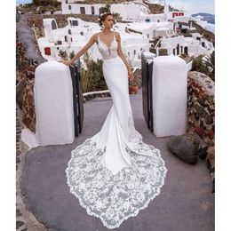 Hochzeitskleid Brautspitzenkleider Applique Meerjungfrau Spaghetti -Träger benutzerdefinierte Sweep -Zug Vestidos de Novia Plus Size