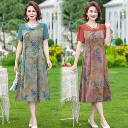 Party Dresses Retro Female Floral Silk Midi Dres Spring Summer Elegant Chiffon Splice Dress Vintage Casual Knee Long Robe