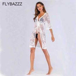 Women Beach Wear Women Summer Lace Crochet Bikini Beach Cover Up Embroidery S Through Swimwear Beach Dress Kaftan Caidigan Transparent Cover-Up Y240504