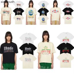 Rhude High end designer clothes for Meichao SpringSummer New Letter Printing High Weight Pure Cotton Casual Loose Short sleeved Couple Tshirt for Men and Women