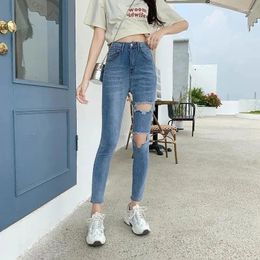 Women's Jeans Skinny Woman White Blue High Waist Ripped Hole Vintage Sexy Cropped Pants Femme Casual Pencil Denim