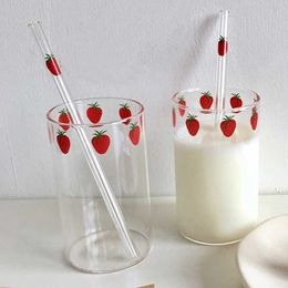 Tumblers 300ml High Borosilicate Nana Cute Strawberry Water Milk Beverage Glass Cup with Straw Upgrade Thick Edition Gift H240506