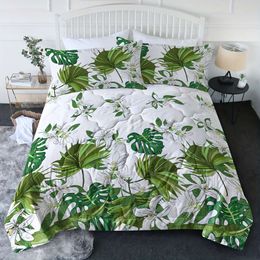 Duvet Cover 3 Piece Green Leaves White Flowers Comforter with Pillow Shams Botanical Set Nature Bedding Sets Soft Comfortable hine Washable
