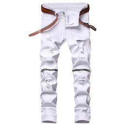 Mens White Straight Leg Jeans knee zipper Design Distressed Ripped Holes High Stretch Denim Pants 210L