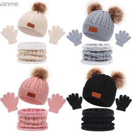 모자 모자 3 조각 겨울 아기 ​​모자 스카프 장갑 세트 단색 어린이 모자 귀여운 푹신한 니트 모자 야외 따뜻한 베이비 액세서리 1-5Y WX