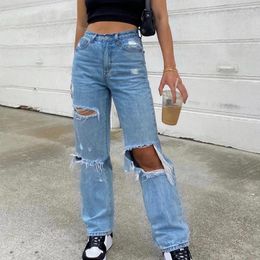 Women's Jeans Women High Waist Fashion Stretch Loose Denim Pants 2024 Button Pocket Elastic Hole Lady Classic Ripped Trousers