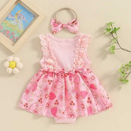 Girl's Dresses Infant Baby Girls Romper Dress Sleeveless Flower Strawberry Print Crew Neck Front Bowknot Romper Jumpsuit Headband