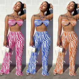 Women's Two Piece Pants Ladies Vacation Beautiful Commuter Suit Summer Striped Sexy Hanging Neck T-Shirt With Same Slim Bell Bottoms