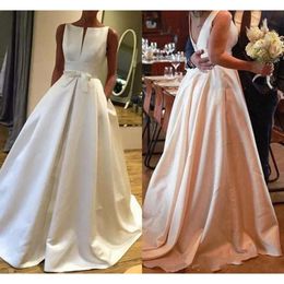 Kleider ärmellose Elfenbein Satin 2021 Band Rückenless Sweep Zug Vintage Einfaches Hochzeitsbrautkleid Vestido de Novia Custom Made gemacht