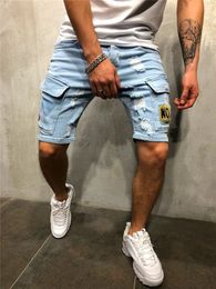 Summer Ripped Shorts Jeans Men HipHop Denim Pants Stretch Light blue Fashion Design Slim Straight Male Short Hombre 240430