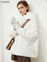 Adapter Amii Minimalism 90% White Duck Down Jacket Winter Thicken Hooded Braided Texture with Gloves Down Coat Female Overcoat 12141103