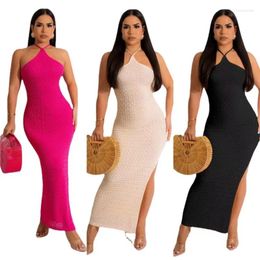 Beach Exits For Women Wear Crochet Exit Dress Sleeveless Slit Knit Hollow Halter Sexy Cheongrobe Solid Spandex Kaftan Cover Up