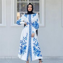 Ethnic Clothing Eid Djellaba Abaya Women Muslim Print Maxi Dress Vintage Kaftan Turkey Dubai Robe Islamic Belted Caftan Vestidos