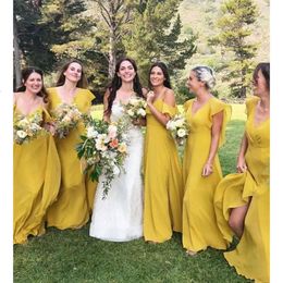 Bridesmaid Chiffon Dresses Boho Yellow V Neck Cap Sleeves Spaghetti Straps Floor Length Side Slit Garden Wedding Guest Maid Of Honor Gowns