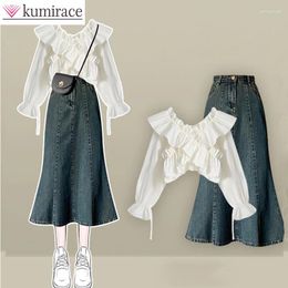 Work Dresses Spring Set Women's 2024 Korean Design Cross Shirt Covering Meat And Slimming Denim Skirt Two-piece Sets Mini