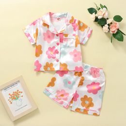 Clothing Sets FOCUSNORM 3 Colours Toddler Kid Girls Pyjamas Clothes 2pcs Flowers Print Short Sleeve Lapel Neck Buttons Tops Pants