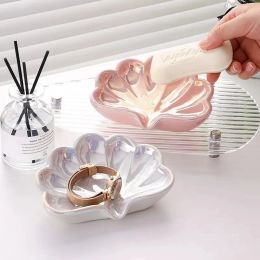 Dishes Creative Shell Ceramic Soap Dish Portable Soap Box Home Bathroom Accessories Desk Organiser Waterproof Drain Rack Dishes Drainer