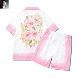 Pink White Colour Match Flower Print Shorts Shirts Set High Quality Men Women Thin Fabric Hawaii Beach Holiday Surf Suit Summer 240504
