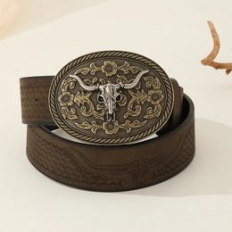 Belts 2024 Belt Men Retro West Cowboy Head Of An Ox Pattern Girdle Gift Jeans And Shorts Decoration