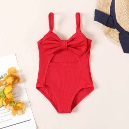 Swimwear PatPat Baby Girl Solid Bow Front Ribknit One Piece Swimsuit HyperTactile / 3D Casual/Outdoor Sweet Solid Colour