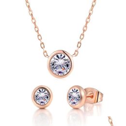 Earrings & Necklace 240S Rose Gold Plated Bezel Setting Zircon Pendant And Stud Earring Jewelry Set For Women Russian High Quality404 Dhuya