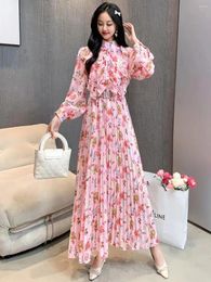 Casual Dresses 2024 Spring Autumn Women Long Sleeve Belt Slim Dress Korean Sweet Ruffles Pleated Big Hem Chiffon Floral