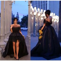 Dresses High Gothic Wedding Black Low Bridal Gown Off The Shoulder Satin Tulle Custom Made Sweep Train Tiered Beach Castle Vestidos De Novia