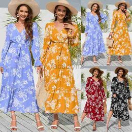 Basic Casual Dresses Autumn/Winter New V-neck Waist Tie Long Sleeve Fragmented Flower Dress Long Dress Large Women Plus Size Dress