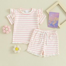 Clothing Sets Mandizy Toddler Baby Girl Clothes Summer Waffle Knit Ruffle Short Sleeve Striped Print T-Shirt Tops Shorts Set Outfit