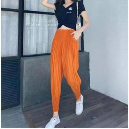 Women's Pants Summer Slim Fashion Korean Casual Loose Versatile Lantern Women Solid Elastic Waist Pocket Folds Cropped Harlan Trousers