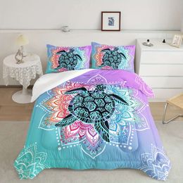 Duvet Cover 3pcs Modern Fashion Polyester Set (1*Comforter + 2*Pillowcase, Without Core), Mandala Colourful Turtle Print Bedding Set, Soft Comfortable And Skin-friendly