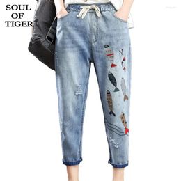 Women's Jeans SOUL OF TIGER 2024 Summer Fashion Ladies Loose Embroidery Womens Casual Vintage Denim Trousers Female Elastic Harem Pants