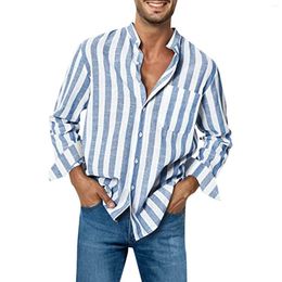 Men's Casual Shirts Spring Summer Men Striped Shirt Fashion Overszied High Quality Long Sleeve Turn Down Neck Linen Buckle Top