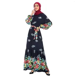 Ethnic Clothing Loose Print Dress Fashion Muslim Abaya Women Casual Long Sleeve Plant And Flower Pattern Party Holiday Vestido Islamic