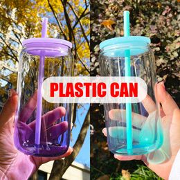 USA warehouse kids can shaped gradient colored Acrylic beer cups can ombre jelly colored 16oz plastic Acrylic soda can water bottle with colorful pp lids