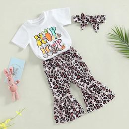 Clothing Sets Toddler Baby Girl Easter Outfits Letter Print Short Sleeve T Shirt Top Leopard Flared Bell Bottom Headband Set 6M-4T