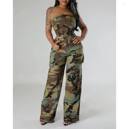 Women's Two Piece Pants 2024 Summer Camoulage Print 2 Pieces Set Strapless Cropped Top And Cargo For Women Trendy Sexy Streetwear Y2k